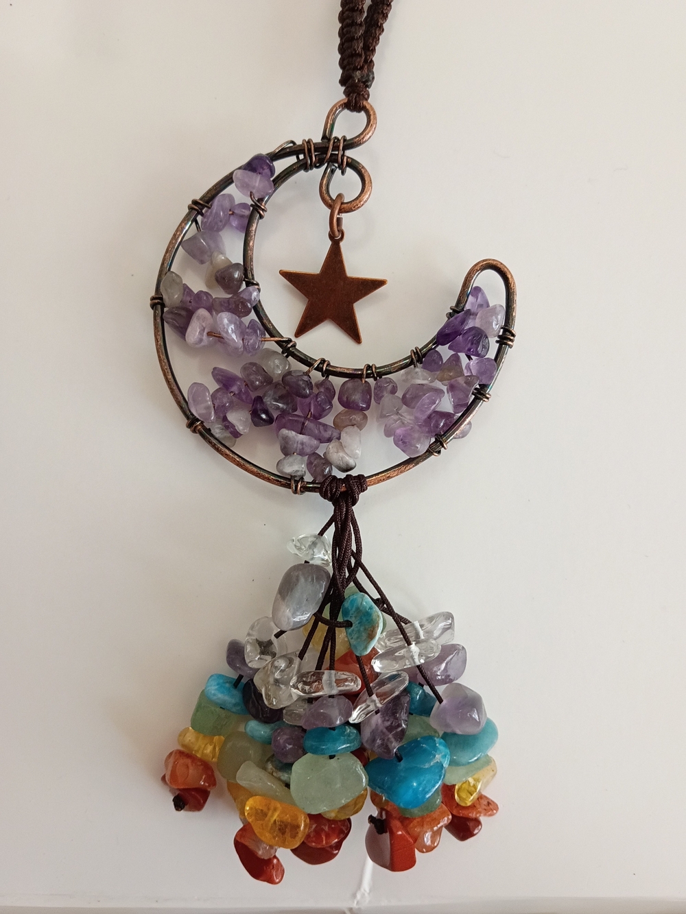 Bohemian Amethyst Moon Charm Hanger Necklace with Multicolor Gem Tassel Chakra